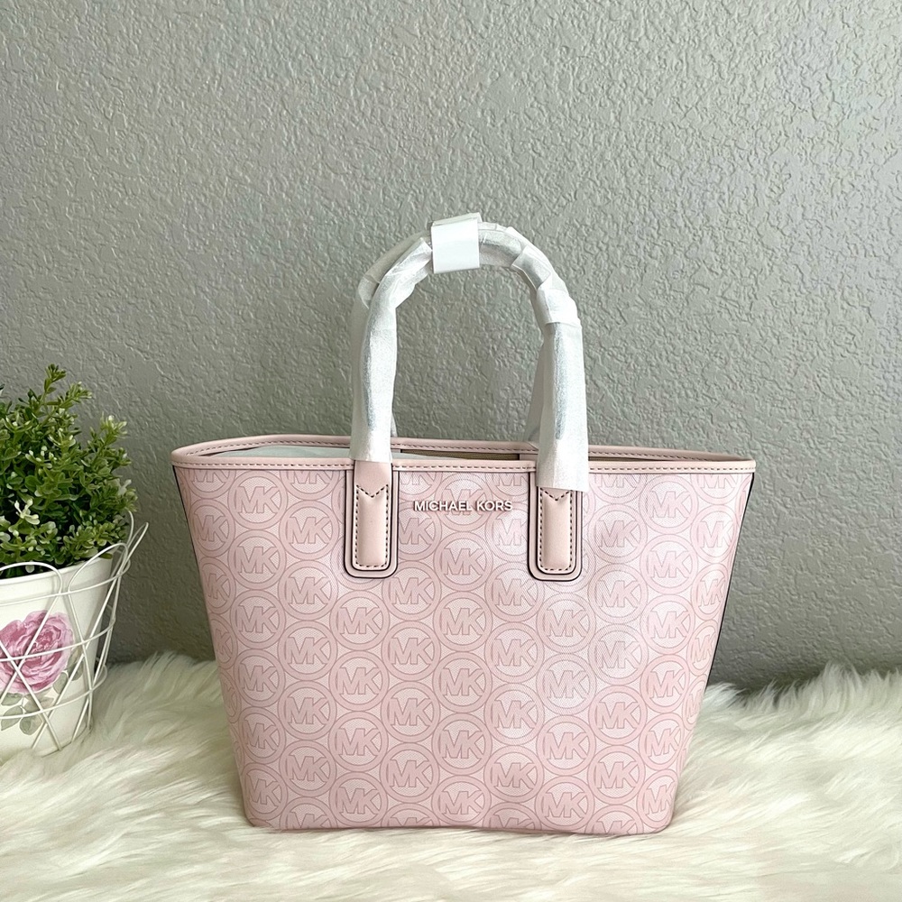 Michael Kors Jodie Small Logo Jacquard Powder Blush Signature Tote Bag $348.